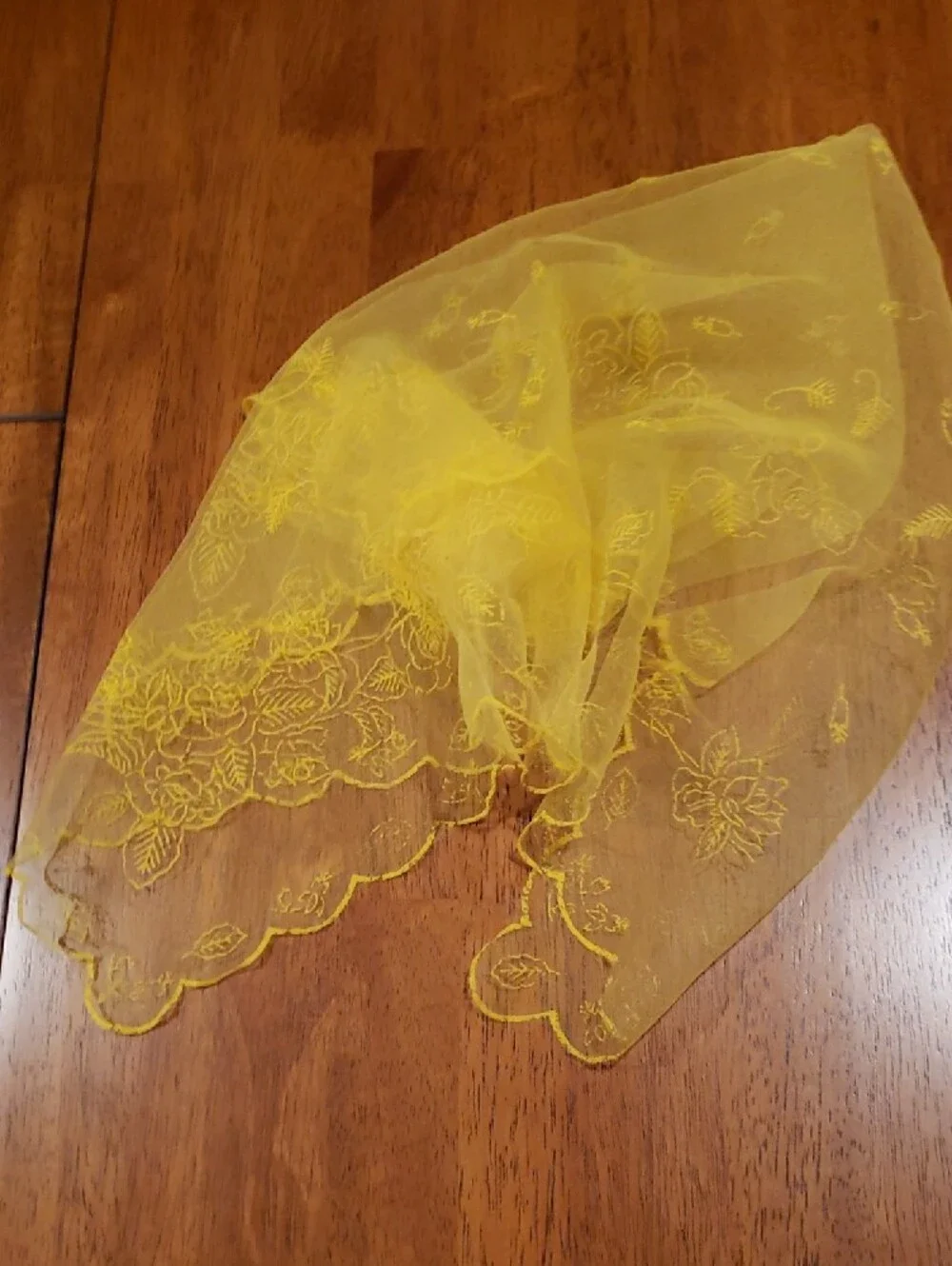 Vintage Yellow Sheer Floral Embossed Scarf Perfect for Fall